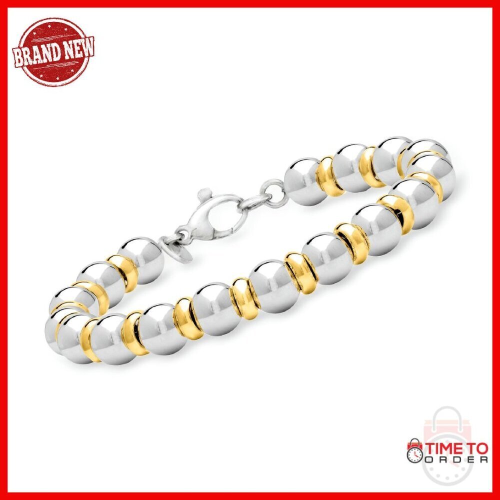 Italian Sterling Silver 22kt Gold Overlay Bead Bracelet 7" Lobster Clasp